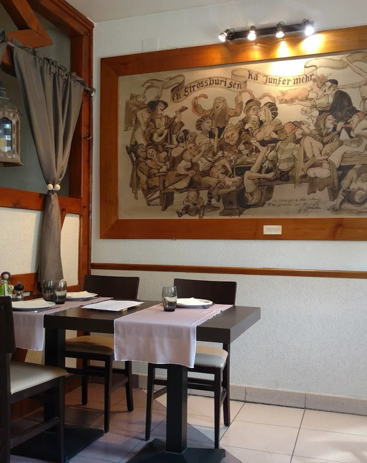 La grande fresque d'une taverne alsacienne au mur de la salle