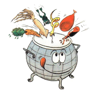 Logo des Marmitons : une marmite d'où sautent des légumes